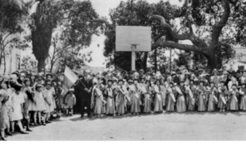 Panorama of large group, with children in front wearing costumes (ddr-ajah-3-215)