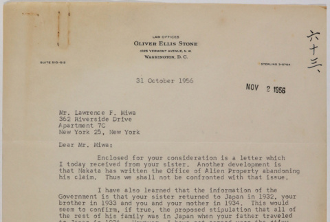 Letter from Oliver Ellis Stone to Lawrence Fumio Miwa (ddr-densho-437-91)