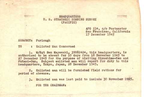 Approval for 10 day furlough from duty with U.S. Strategic Bombing Survey for Ben Mayewaki (ddr-densho-563-45)