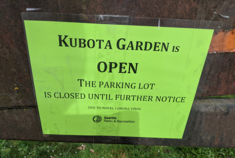 Garden open, Parking Lot closed sign due to Coronavirus (ddr-densho-354-2665)