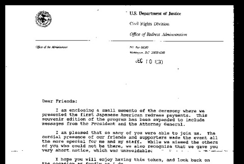 Letter from Robert K. Bratt, Administrator of Redress, U.S. Department of Justice to Dear Friends, December 10, 1990 (ddr-csujad-55-88)
