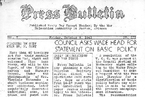Poston Press Bulletin Vol. V No. III (October 9, 1942) (ddr-densho-145-129)