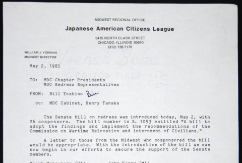 Memo to MDC Chapter Presidents and Redress Representatives from Bill Yoshino (ddr-chijacl-1-248)
