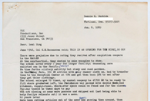 Letter from Bennie K. Ouchida to Loni Ding (ddr-densho-1007-939)