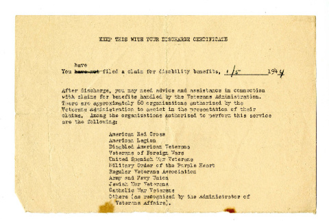 Notice from American Red Cross to George Naohara, January 5, 1944 (ddr-csujad-38-560)