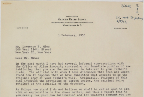 Letter from Oliver Ellis Stone to Lawrence Fumio Miwa (ddr-densho-437-52)