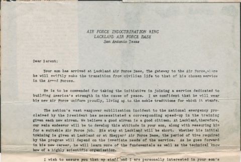 Letter to Mr. & Mrs. Fujii about their son's arrival at Lackland Air Force Base (ddr-densho-321-1072)