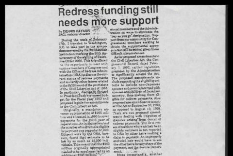[Newspaper clipping titled:] Redress funding still needs more support (ddr-csujad-55-2078)