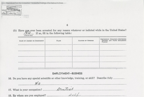 U.S. Department of Justice Alien Enemy Questionnaire page 6 of 26. (ddr-one-5-126)