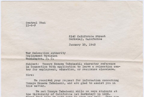 Letter from John and Ardeane Raab to WRA Employment Division (ddr-densho-410-64)