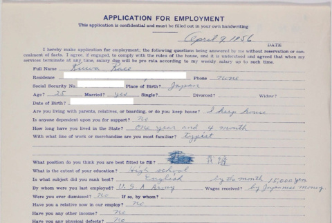 Employment application (ddr-densho-424-488)