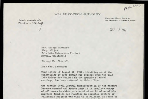 Letter from E.R. Fryer, Regional Director, War Relocation Authority, to Mrs. George Nakamura, September 8, 1942 (ddr-csujad-55-2122)