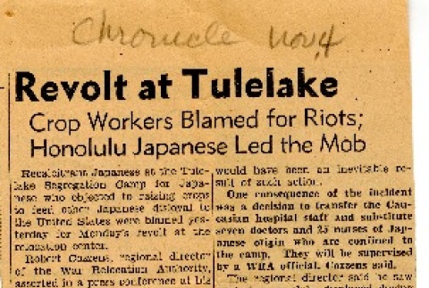 [Revolt at Tule Lake: Crop workers blamed for riots; Honolulu Japanese led the mob, 1943-11-04] (ddr-csujad-2-41)