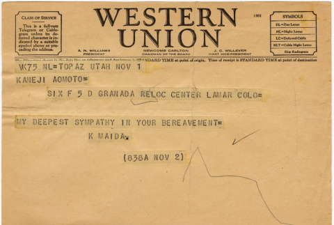 Western Union Telegram to Kan Domoto from K. Maida (ddr-densho-329-669)