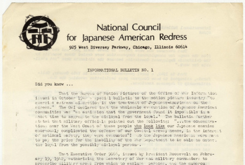 National Council for Japanese American Redress In formational Bulletin No. 1 (ddr-densho-352-101)