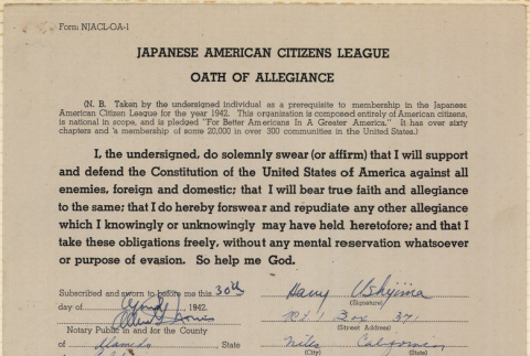 JACL Oath of Allegiance for Harry Ushijima (ddr-ajah-7-141)