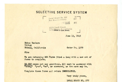 Letter from Jennie G. Hermon, Clerk, Local Board No. 277, Selective Service System, to Nobuo Naohara, June 13, 1945 (ddr-csujad-38-575)
