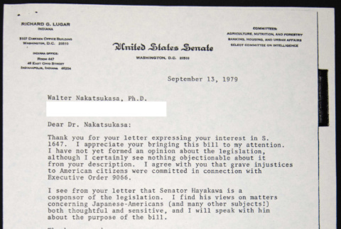 Letter to Walter Nakatsukasa from Richard Lugar (ddr-chijacl-1-403)