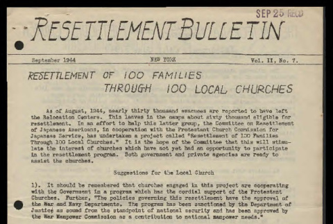 Resettlement bulletin, vol. 2, no. 7 (September 1944) (ddr-csujad-55-1671)