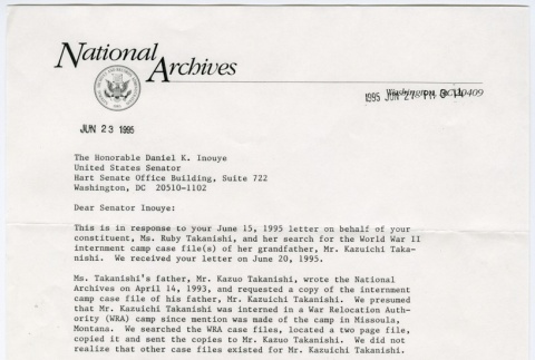 National Archives letter (ddr-densho-314-9)
