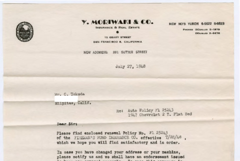 Letter from Y. Moriwaki to C. Takeda (ddr-densho-501-127)