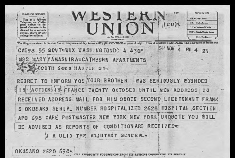 Telegram from J.A. Ulio, the Adjutant General to Mary Yamasnira, November 4, 1944 (ddr-csujad-55-238)