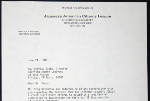 Letter to Shirley Sachs of the American Jewish Congress from William Yoshino (ddr-chijacl-1-133)