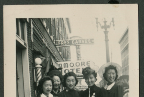 Five women pose on sidewalk (ddr-densho-359-176)