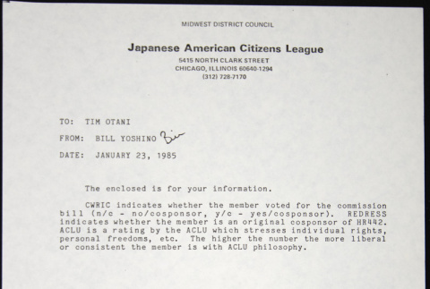 Memo to Tim Otani from Bill Yoshino (ddr-chijacl-1-693)