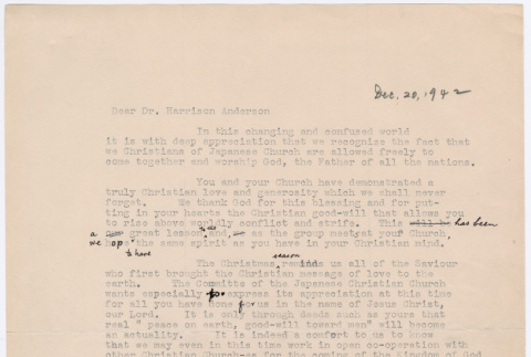 Draft letter from Japanese Christian Church to Harrison Anderson (ddr-densho-446-35)
