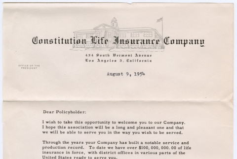 Welcome letter from Constitution Life Insurance Company (ddr-densho-501-120)