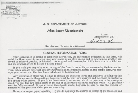 U.S. Department of Justice Alien Enemy Questionnaire page 1 of 26. (ddr-one-5-120)