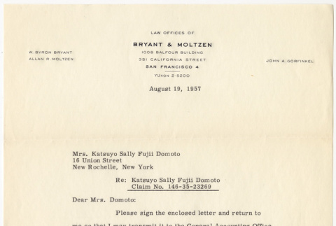 Letter to Sally Domoto from John Gorfinkel (ddr-densho-329-1236)