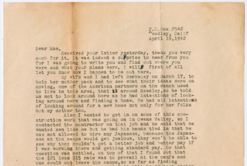 Letter to Kaneji Domoto from Ruidge Shima (ddr-densho-329-1037)