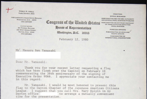 Letter to Masaru Yamasaki from Tony Hall (ddr-chijacl-1-398)