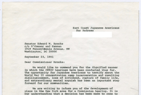 Carbon copy of page 1 of letter to Senator Edward Brooke from Sasha Hohri and Michi Kobi (ddr-densho-352-498)