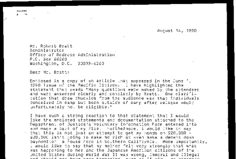 Letter from Sharon M. Tanihara to Robert Bratt, August 14, 1990 (ddr-csujad-55-2049)
