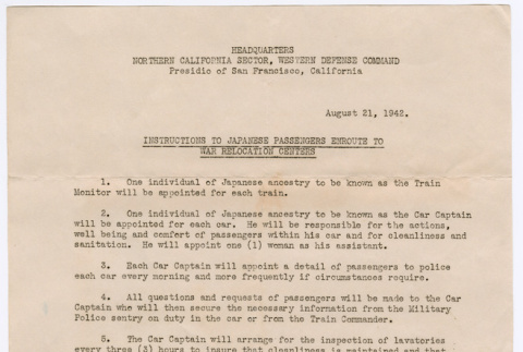 Instruction to Japanese Passengers enroute to War Relocation Centers (ddr-densho-329-983)