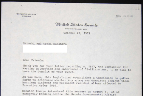 Letter to Satoshi and Toshi Nakahira from Gaylord Nelson (ddr-chijacl-1-383)