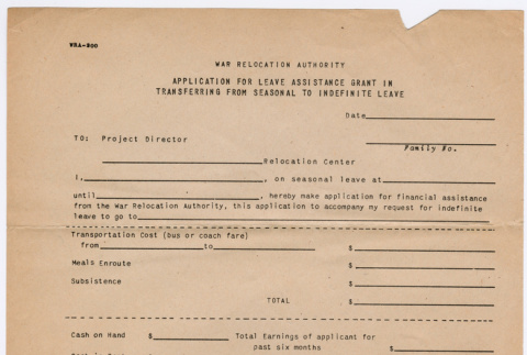 Application for Leave Assistance Grant in Transferring from Seasonal to Indefinite Leave (ddr-densho-329-995)