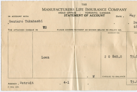 Statement of Account, Manufacturer Life Insurance Company (ddr-densho-355-36)