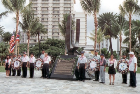 Unveiling of the Brothers in Valor World War II memorial monument (ddr-densho-6-3)