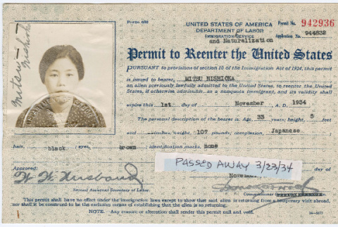 Permit to Reenter the United States (ddr-densho-292-32)