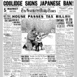 Coolidge Signs Japanese Ban! Oriental Bar Given Reluctant Approval. President Criticizes Congress for Not Delaying Operation of Immigration Bill, but Affixes Signature. Need for New General Law Caused Action. (May 26, 1924) (ddr-densho-56-386)