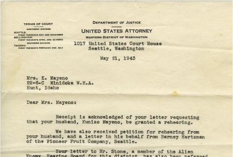 Letter to an Issei from U.S. Attorney J. Charles Dennis (ddr-densho-166-14)