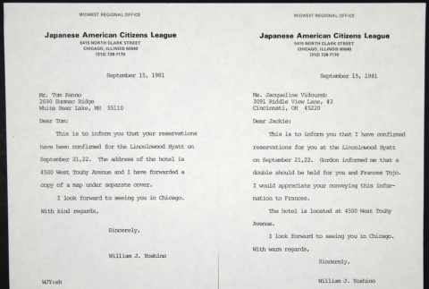Letters to Tom Kanno and Jacqueline Vidoureb from William Yoshino (ddr-chijacl-1-561)