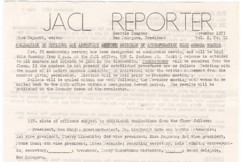 Seattle Chapter, JACL Reporter, Vol. X, No. 11, November 1973 (ddr-sjacl-1-160)