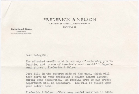 Welcome letter and credit card from Frederick & Nelson (ddr-densho-277-197)
