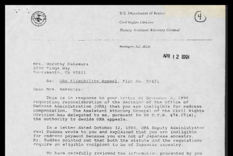 Letter from Roger Clegg, Deputy Assistant Attorney General, Civil Rights Division to Dorothy Nakamura, April 12, 1991 (ddr-csujad-55-2085)
