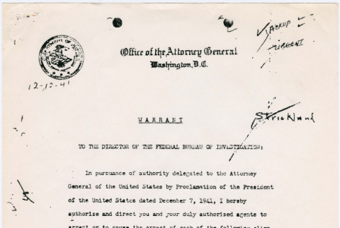 Warrant for the arrest of alien enemies issued on December 7, 1941 (ddr-densho-122-703)